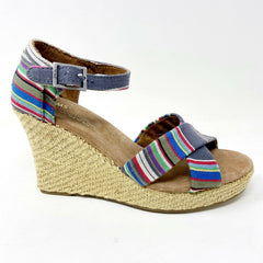 Toms Strappy Wedge Denim Stripe Womens Canvas Platform Heel Shoes