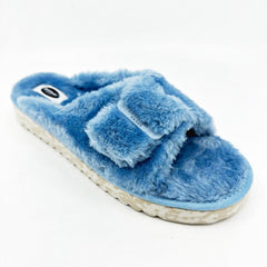 Dr Scholls Staycay OG Sky Blue Faux Fur Womens Slippers Slide Sandals