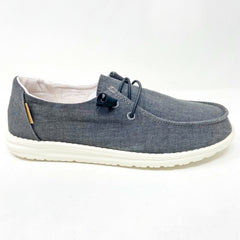 Hey Dude Womens Wendy Chambray Off Black Slip On Comfort Shoes