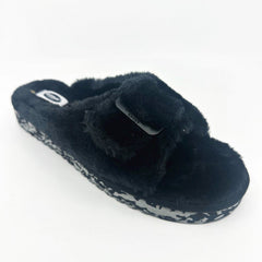 Dr Scholls Staycay OG Black Faux Fur Womens Slippers Open Toe Sandals